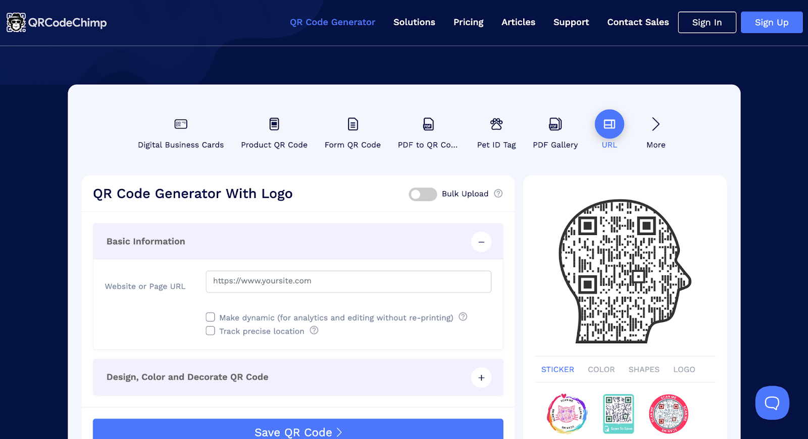 Screenshot of QRCodeChimp landing page