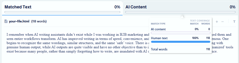 AI detection report showing a text sample classified as 100% human-written, with matched text and AI content both at 0%
