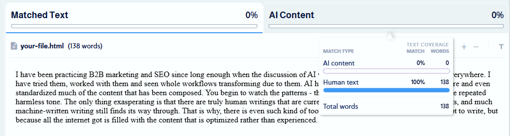 AI content analysis interface highlighting a paragraph and indicating the text is fully human-written