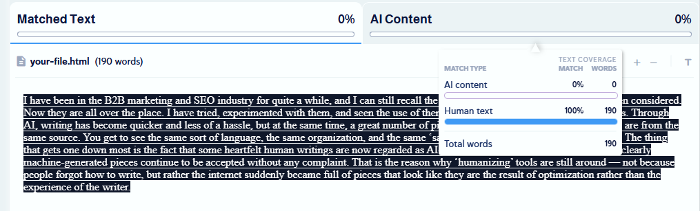 AI content detection results showing a rewritten paragraph labeled as 100% human text, with matched text at 0%