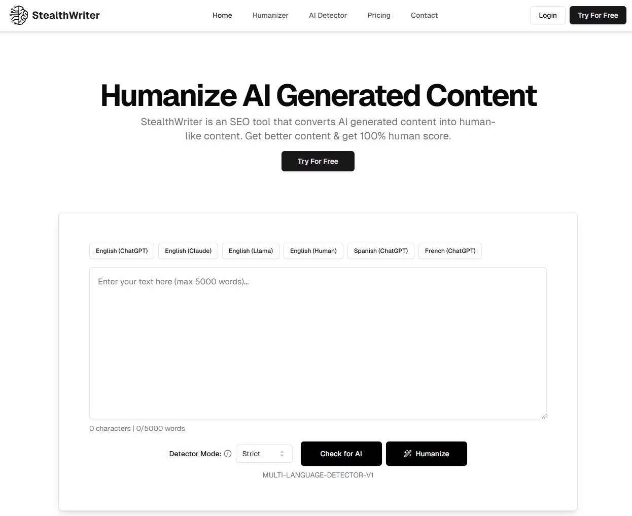 Screenshot from AI humanizer tool, StealthWriter, showing the text field and detector mode selection