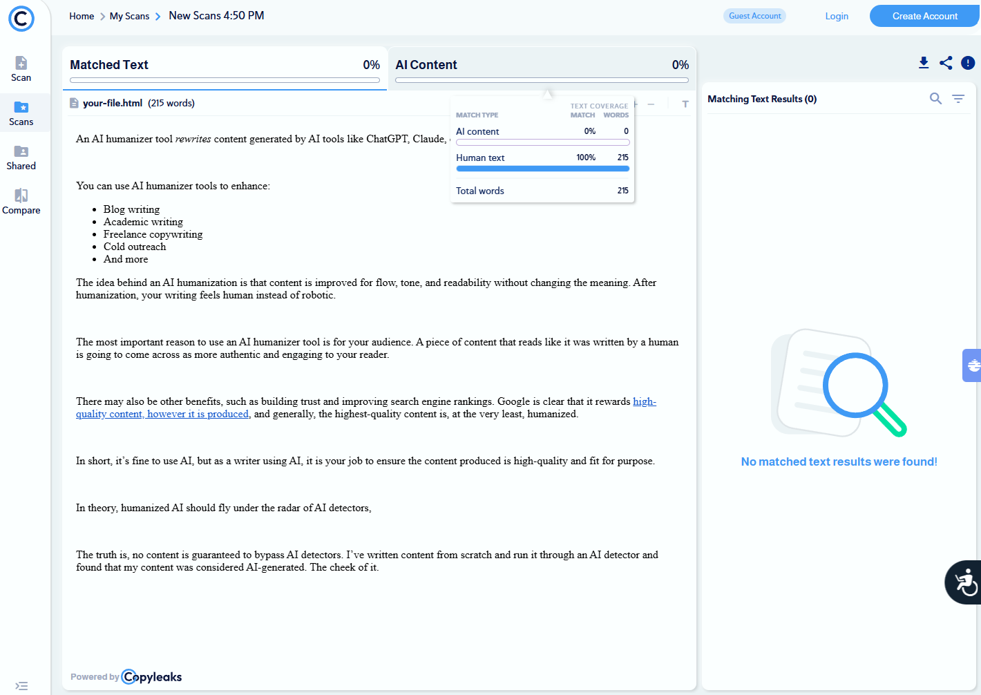 AI content detection interface showing a document with highlighted text and a results panel indicating matched text and AI content percentages