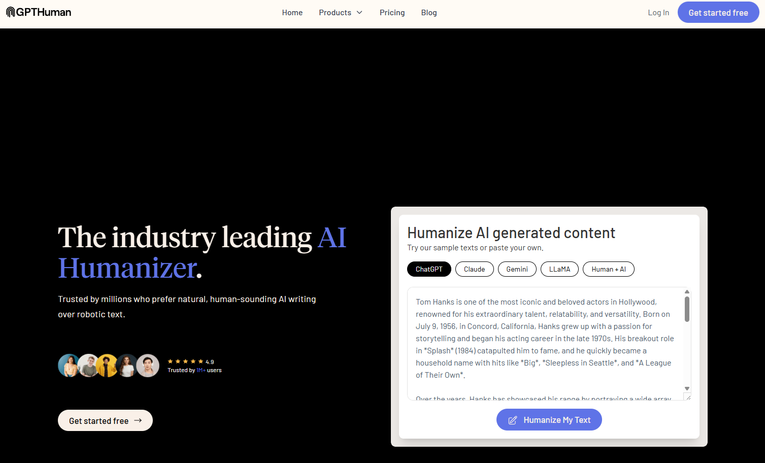 Screenshot from AI humanizer tool, GPTHuman, showing the text field with content filled in