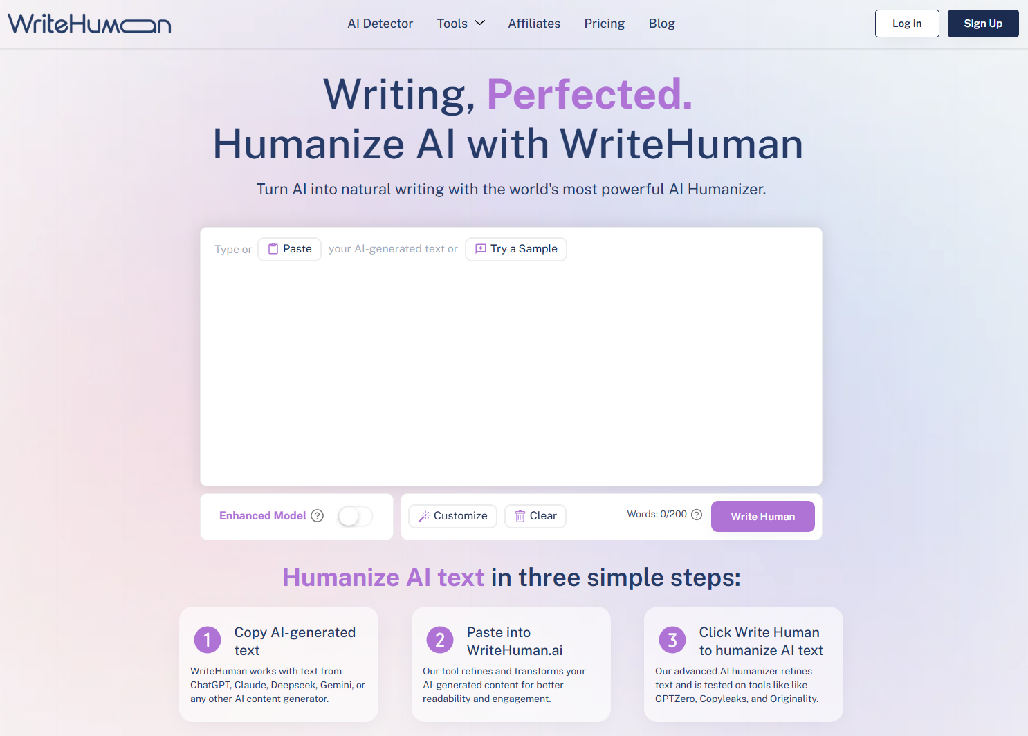 Screenshot from AI humanizer tool, WriteHuman, showing the text field and a three step workflow on how to use it