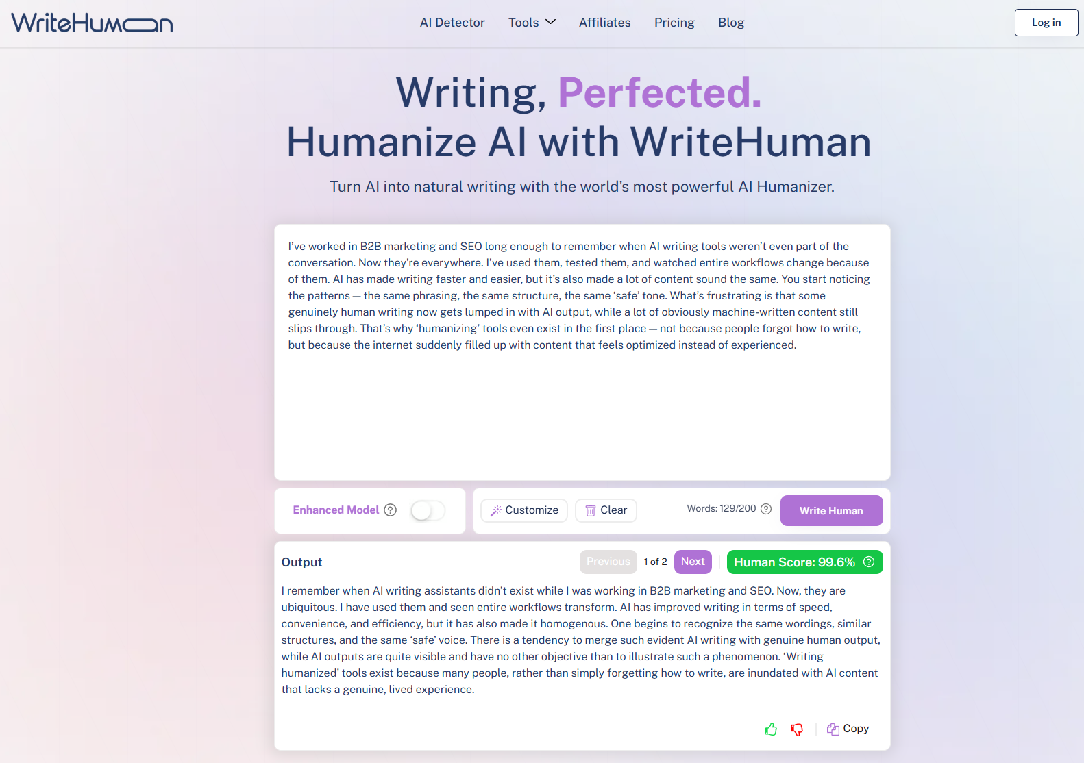 WriteHuman homepage featuring a text input area and the headline ‘Humanize AI with WriteHuman,’ with example rewritten content below