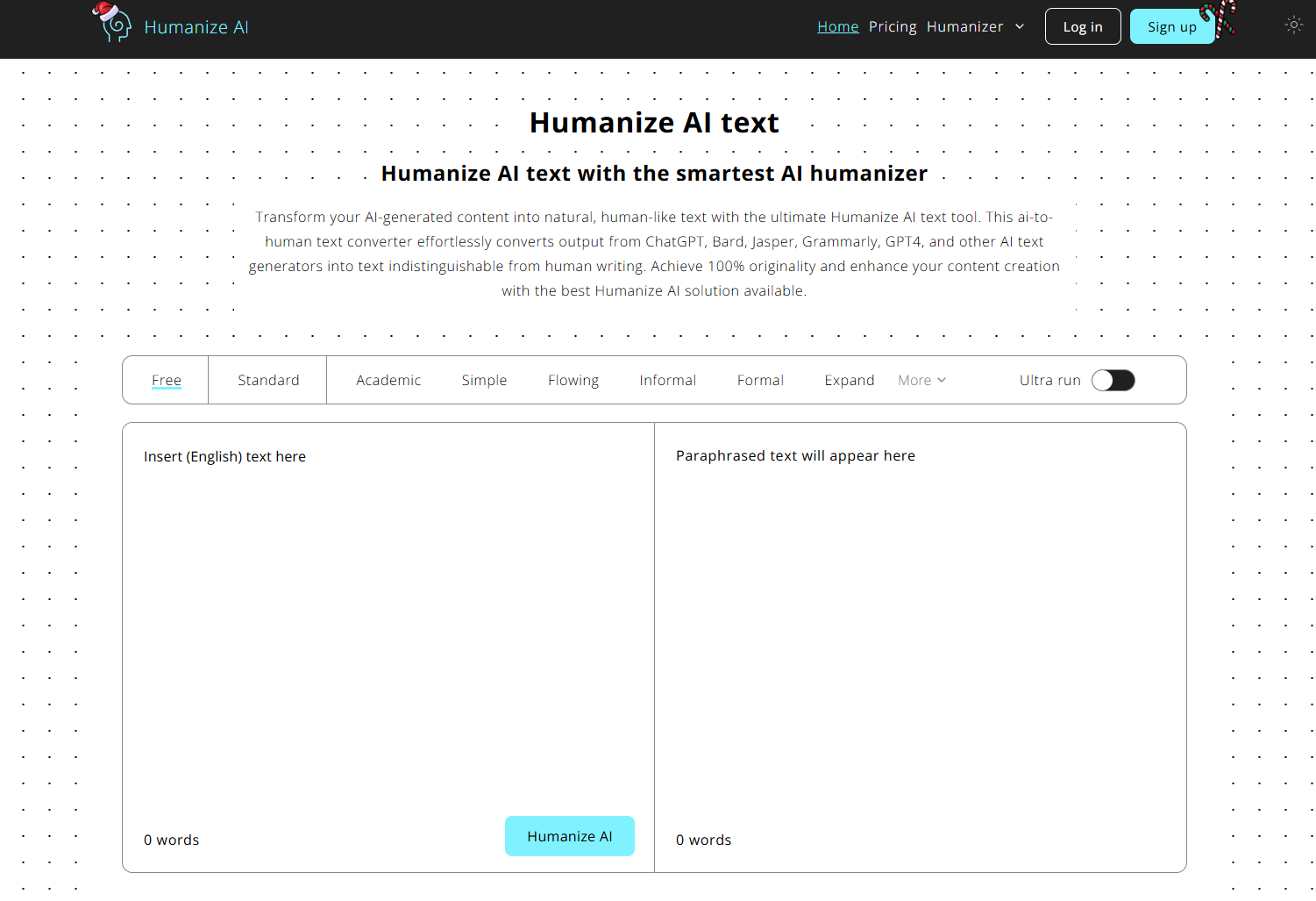 Screenshot from AI humanizer tool, Humanize, showing the text field and tone customizatiomn options
