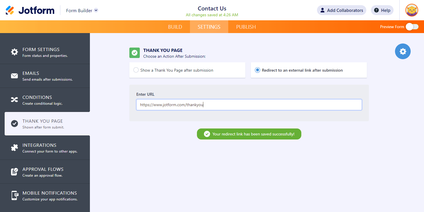 Jotform Thank You Page settings with the Redirect to an external URL option selected, showing a field where users can enter a destination URL for form submissions