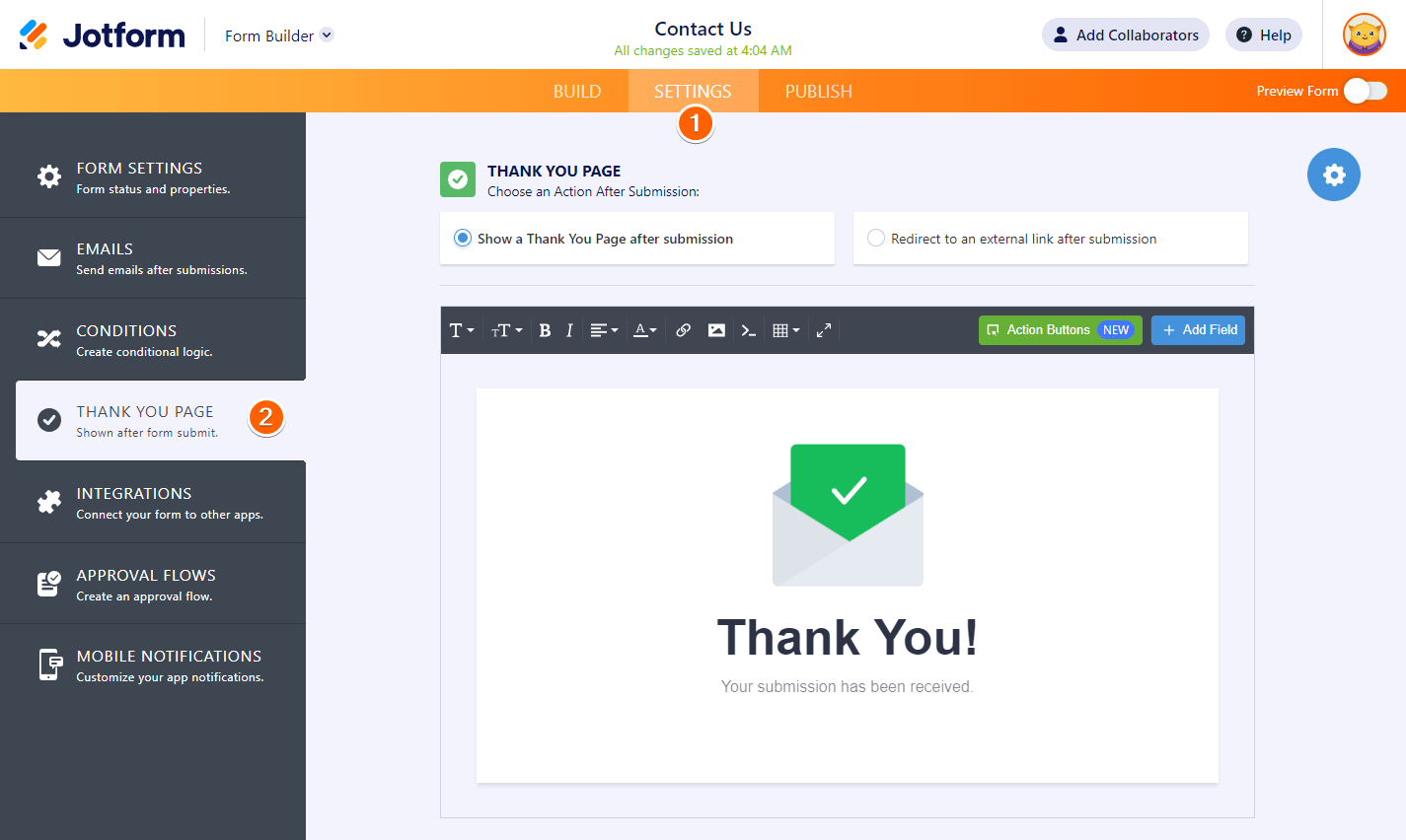 Jotform Form Builder showing the Thank You Page editor, with a confirmation message preview in the main canvas and formatting tools for editing text, images, buttons, and layout