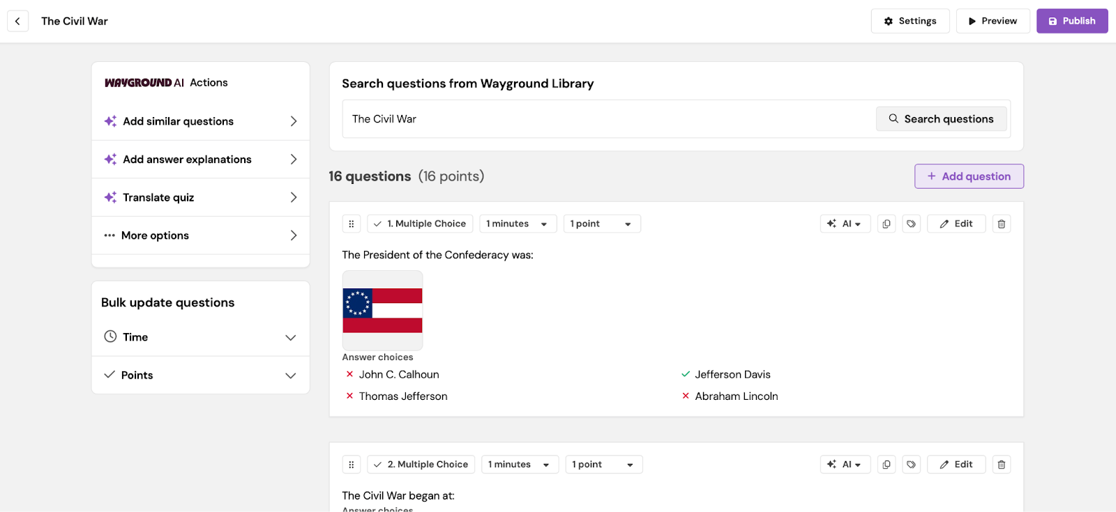 Wayground interface showing an example quiz about the US Civil War