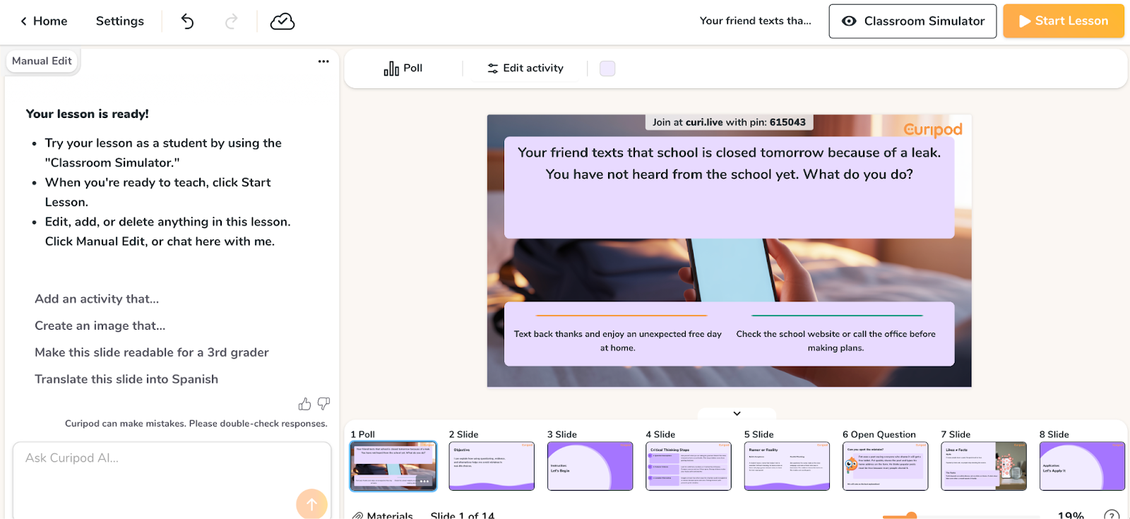 Curipod interface showing an example presentation