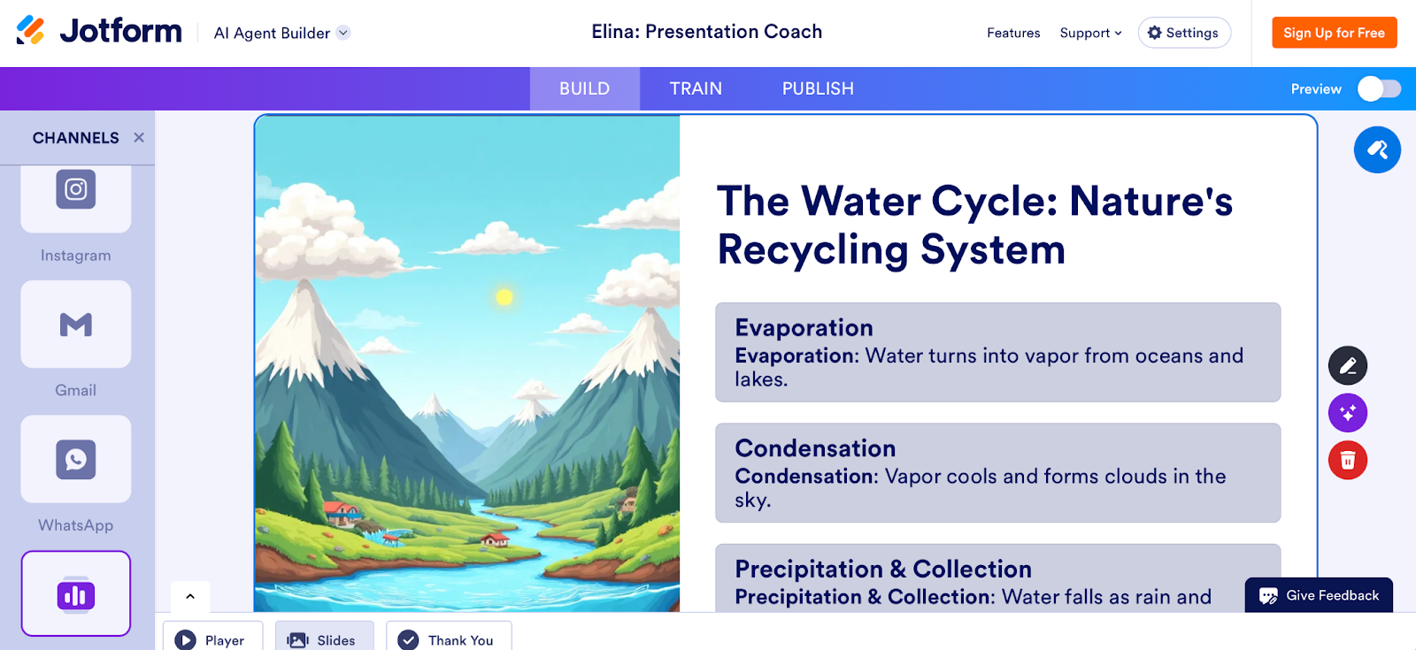 Jotform AI Agent Builder interface showing the Presentation Coach