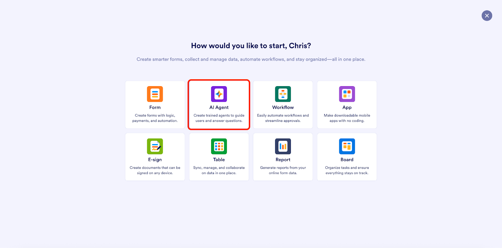 Selecting AI Agent on the Jotform Workspace