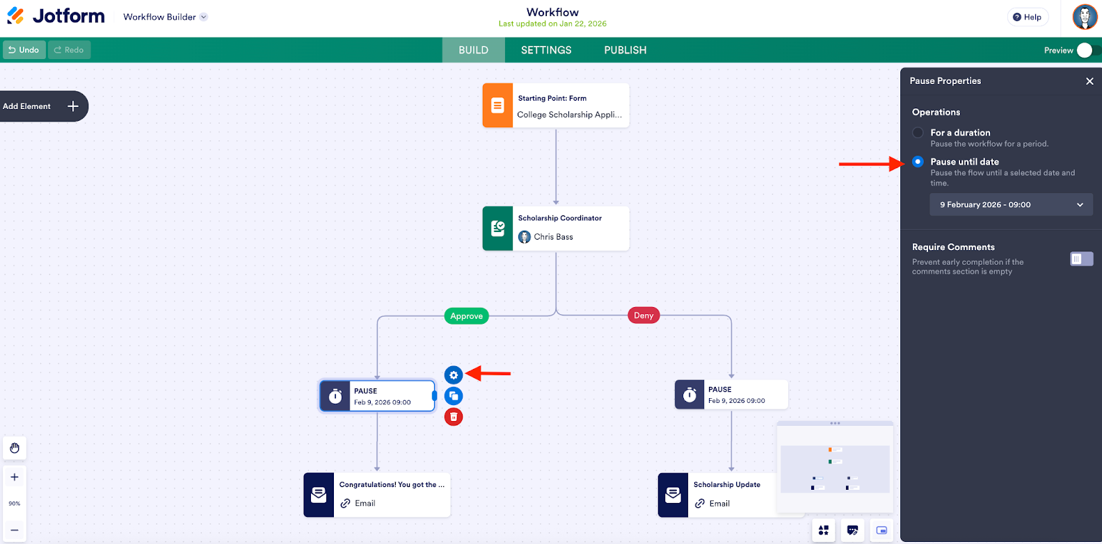 Klick auf die Option 'Pausieren bis Datum' unter den Pause-Eigenschaften im Jotform Workflow Builder