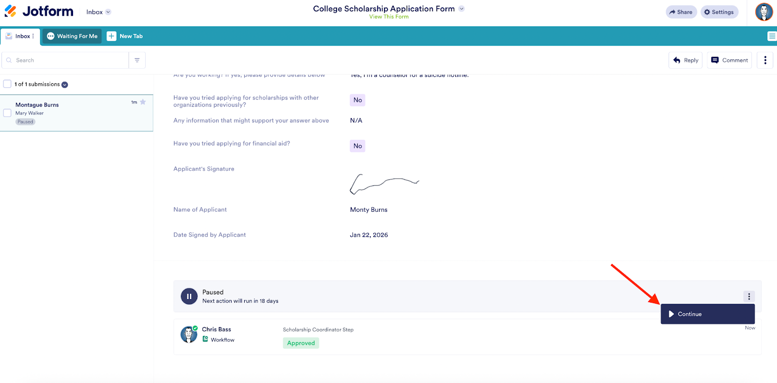 Klick auf die Fortfahren-Schaltfläche im Jotform Posteingang