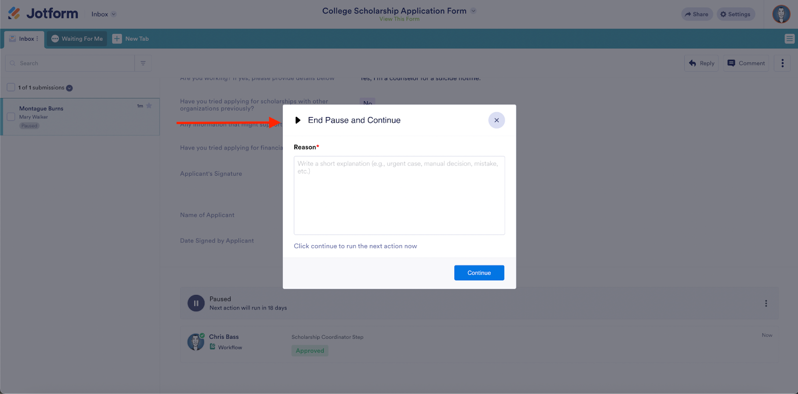 Anzeige des 'Pause beenden und fortfahren'-Fensters im Jotform Posteingang