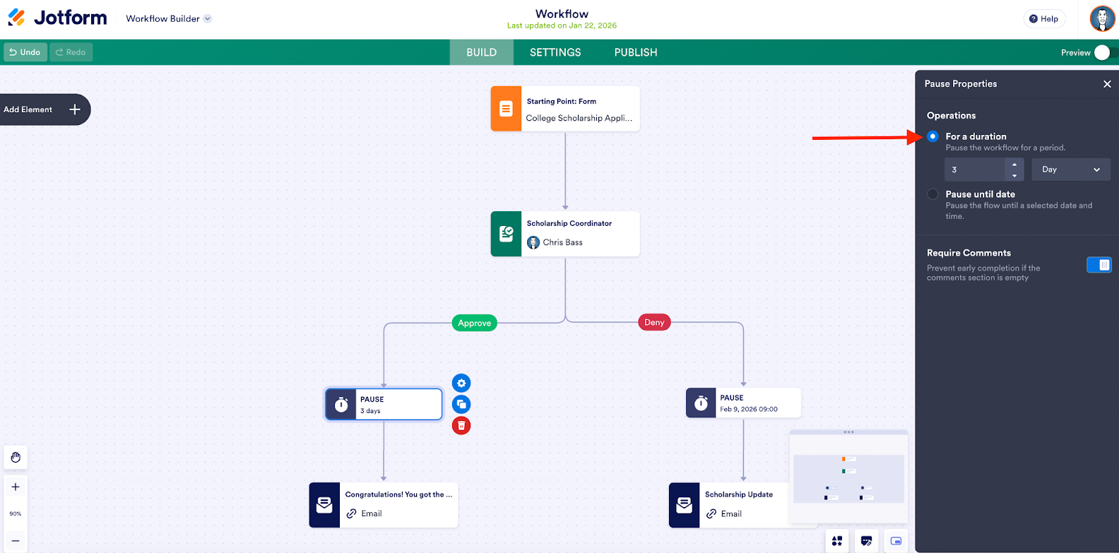 Einstellen einer Dauer unter dem Pause-Eigenschaften-Fenster im Jotform Workflow Builder