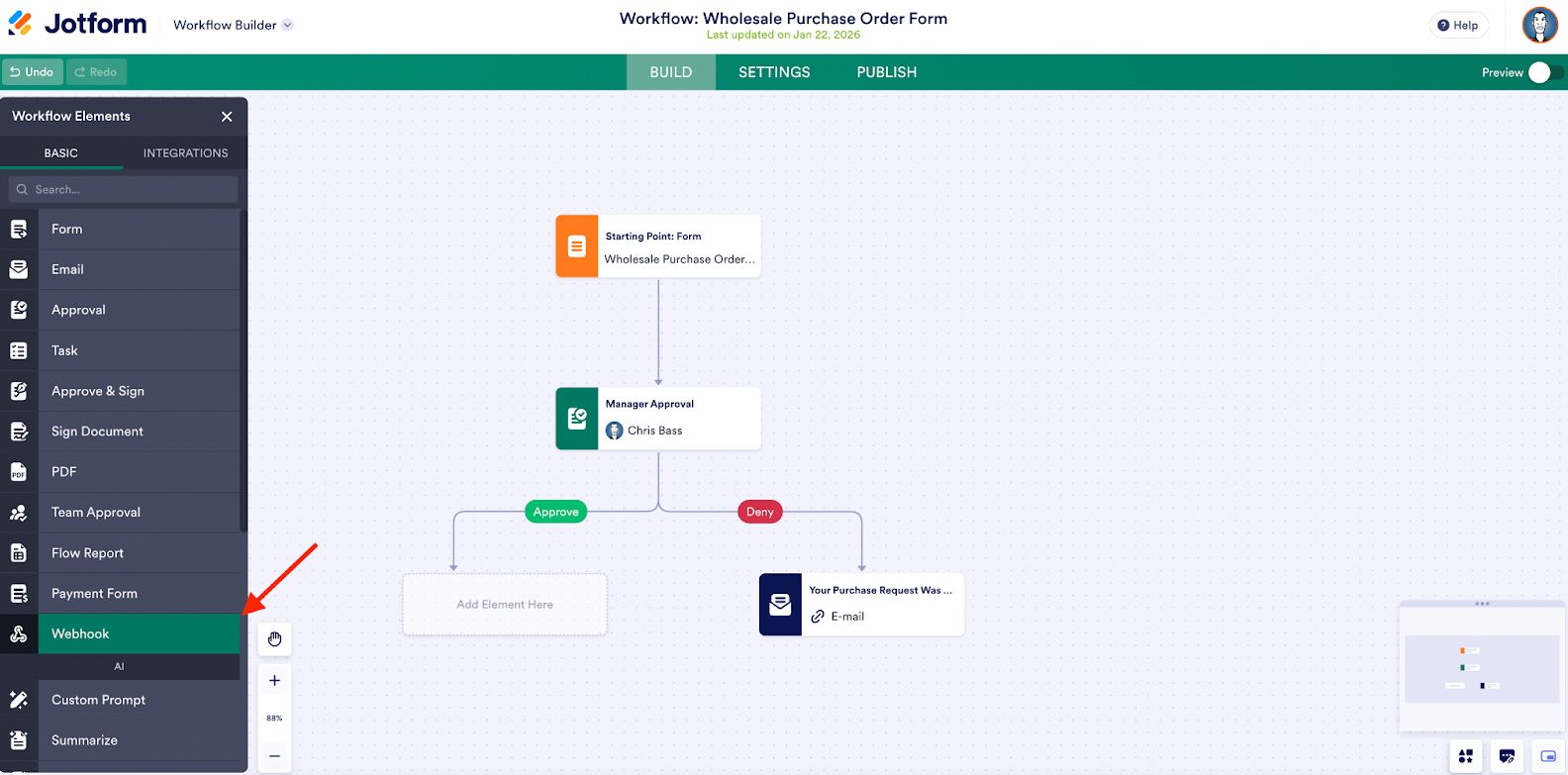 Klick auf die Webhook-Option unter den Workflow-Elementen im Jotform Workflow Builder