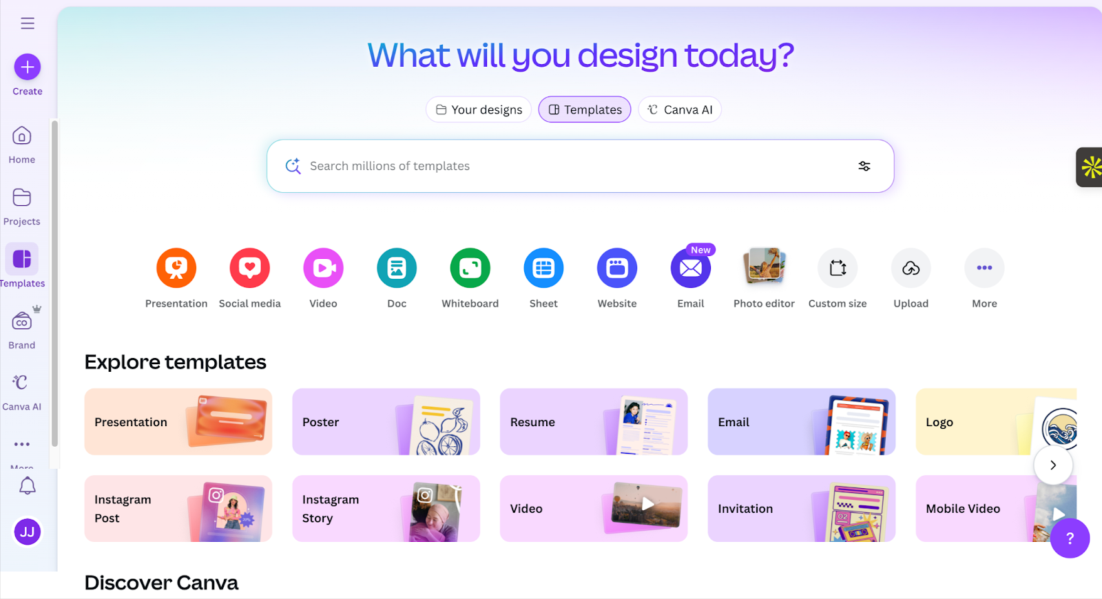 Canva home screen showing various templates by type, including presentations and posters