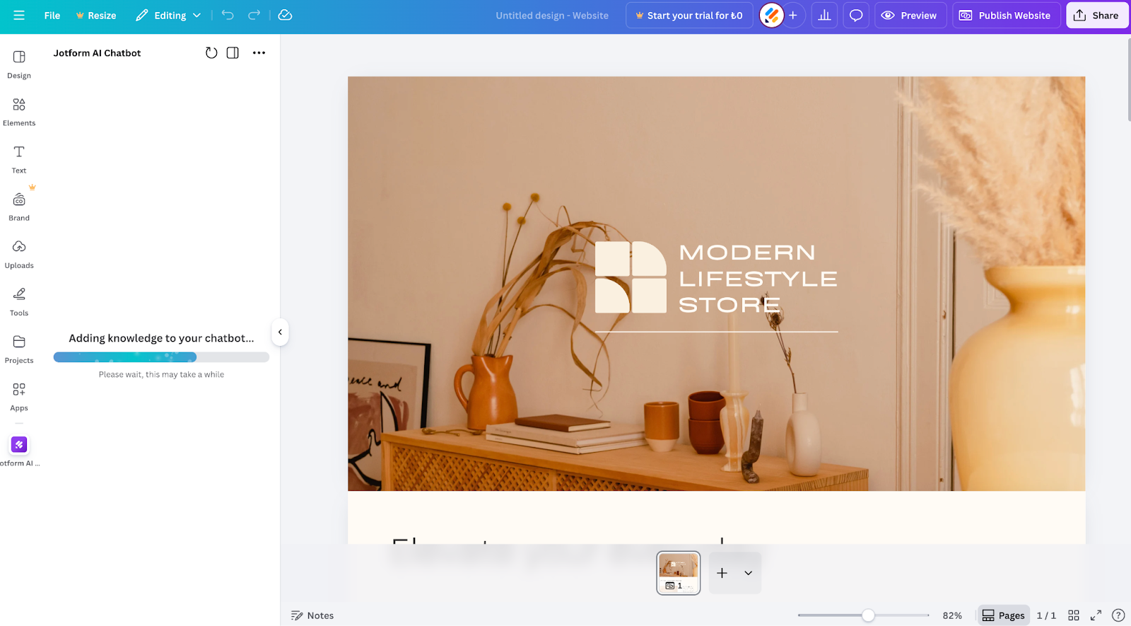 Screenshot of Jotform AI Chatbot processing content and design