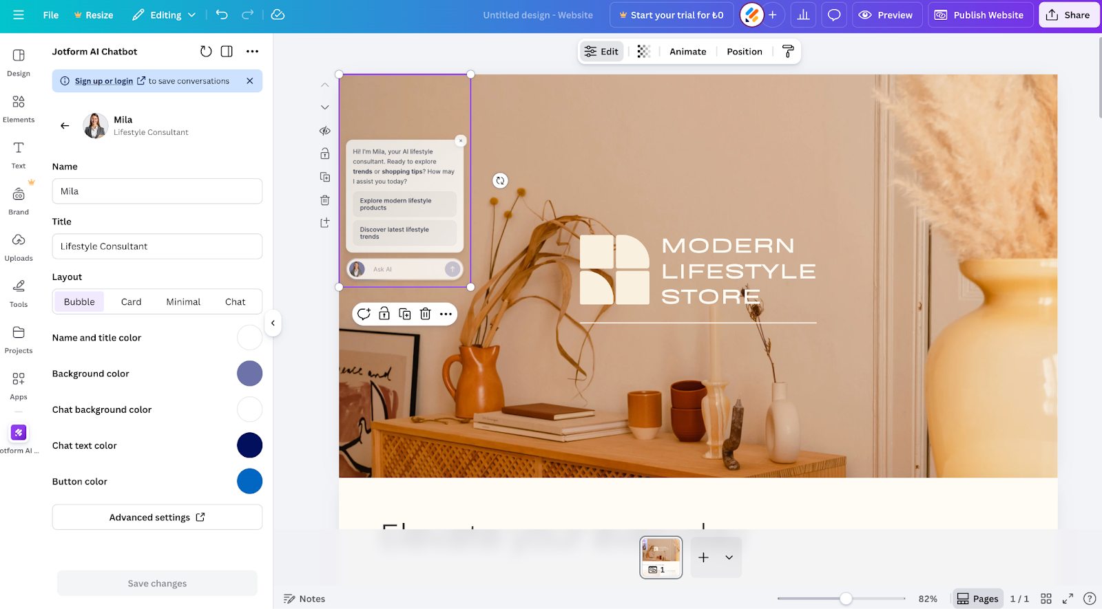Viewing the Customization screen on Jotform AI Chatbot on Canva