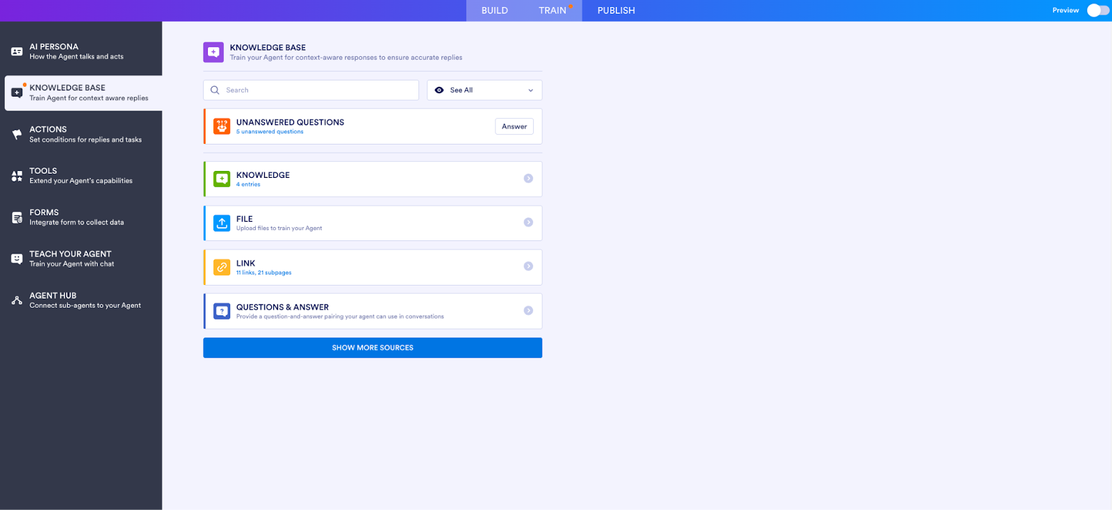 Viewing the Knowledge Base tab under the Train tab