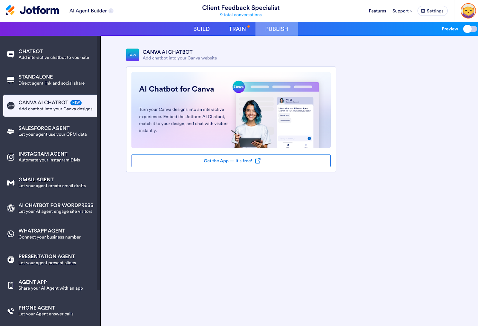 Viewing the Canva AI Chatbot page under the Publish tab