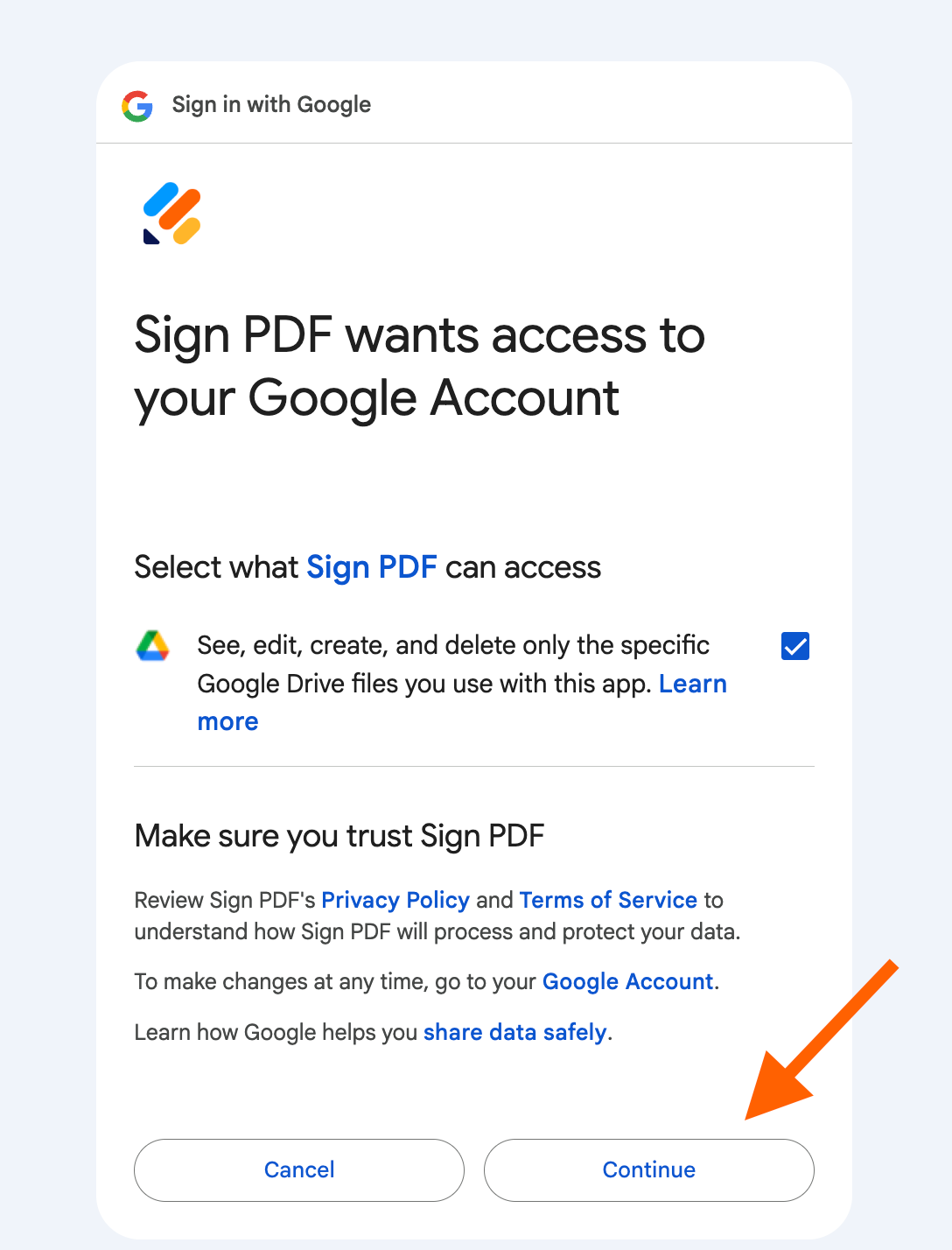 Google popup screen showing permission settings for Sign PDF
