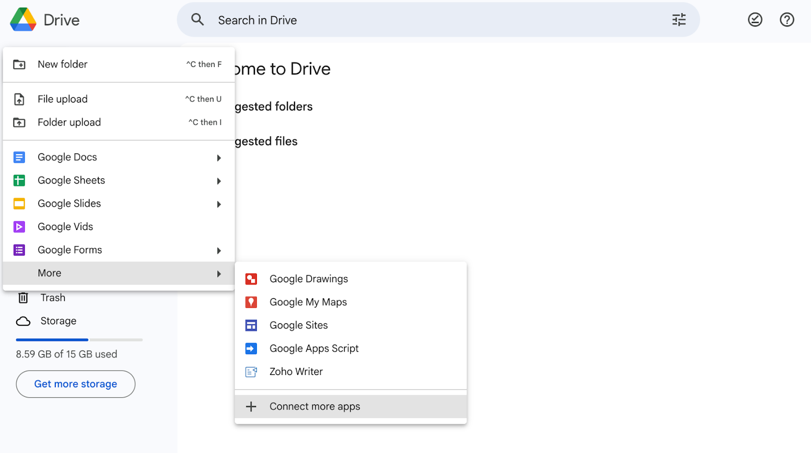 Google Drive interface showing the "Connect more apps" option in the menu