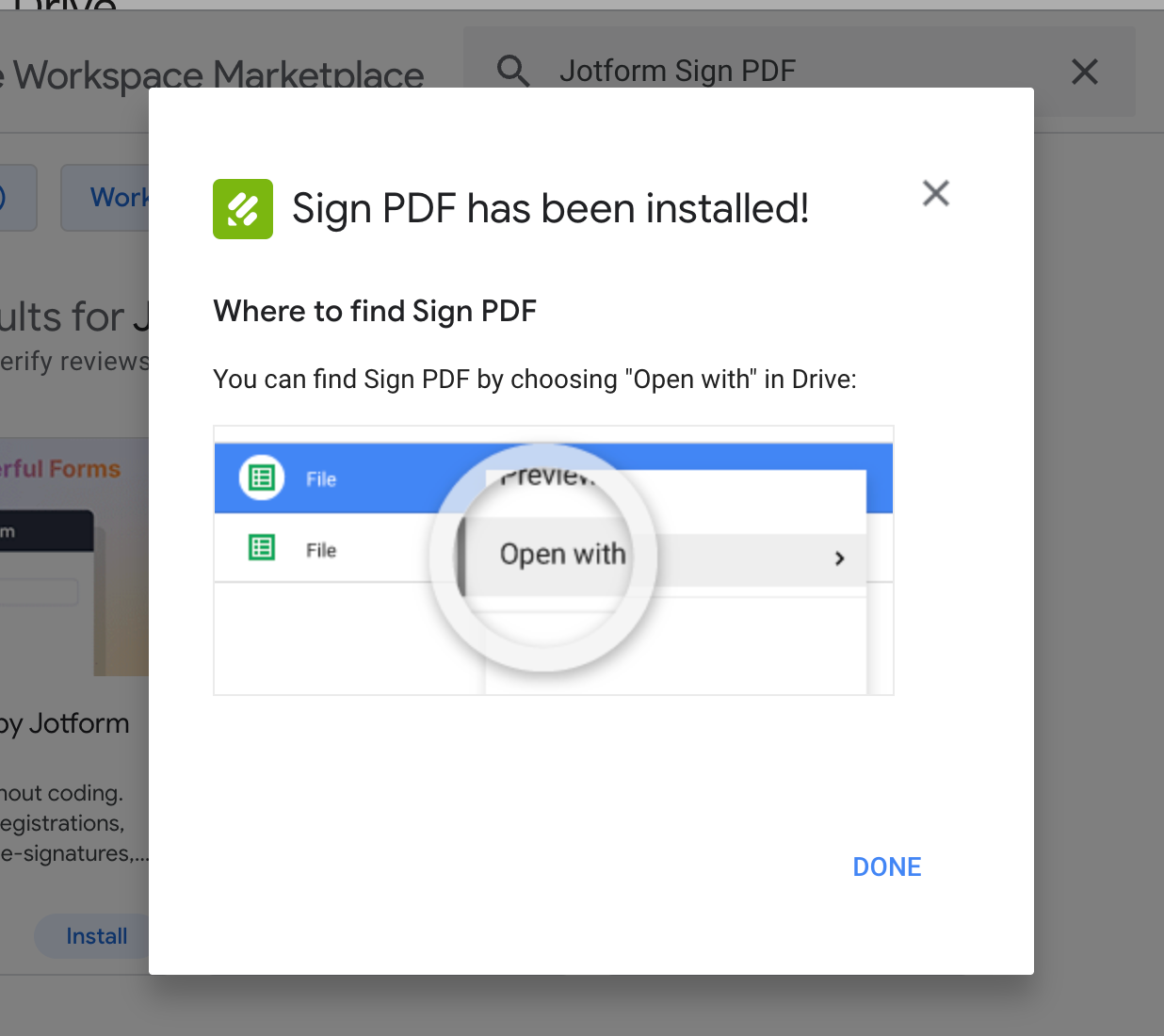 Confirmation popup showing that Sign PDF has been installed
