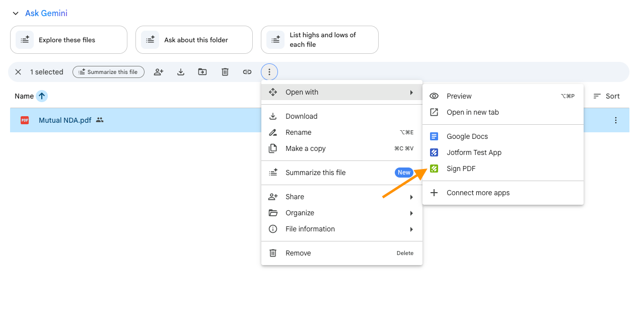 An image of a PDF file in Google Drive with "Open with" menu options open