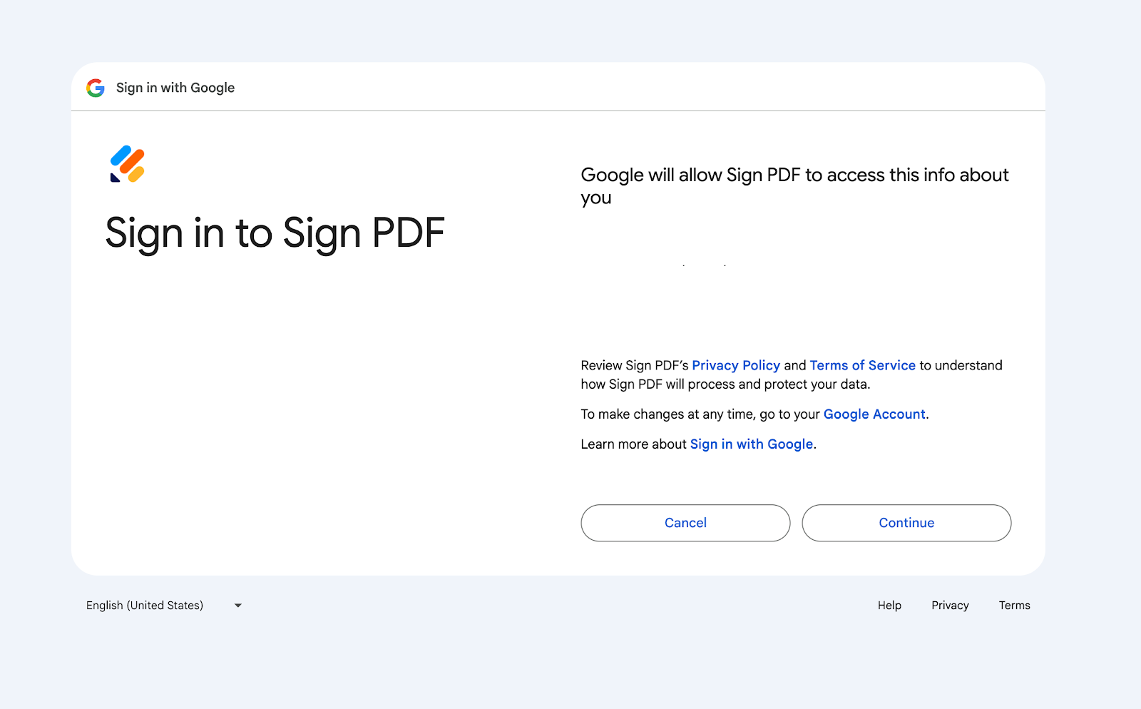 Google prompting the user to continue with installing Sign PDF