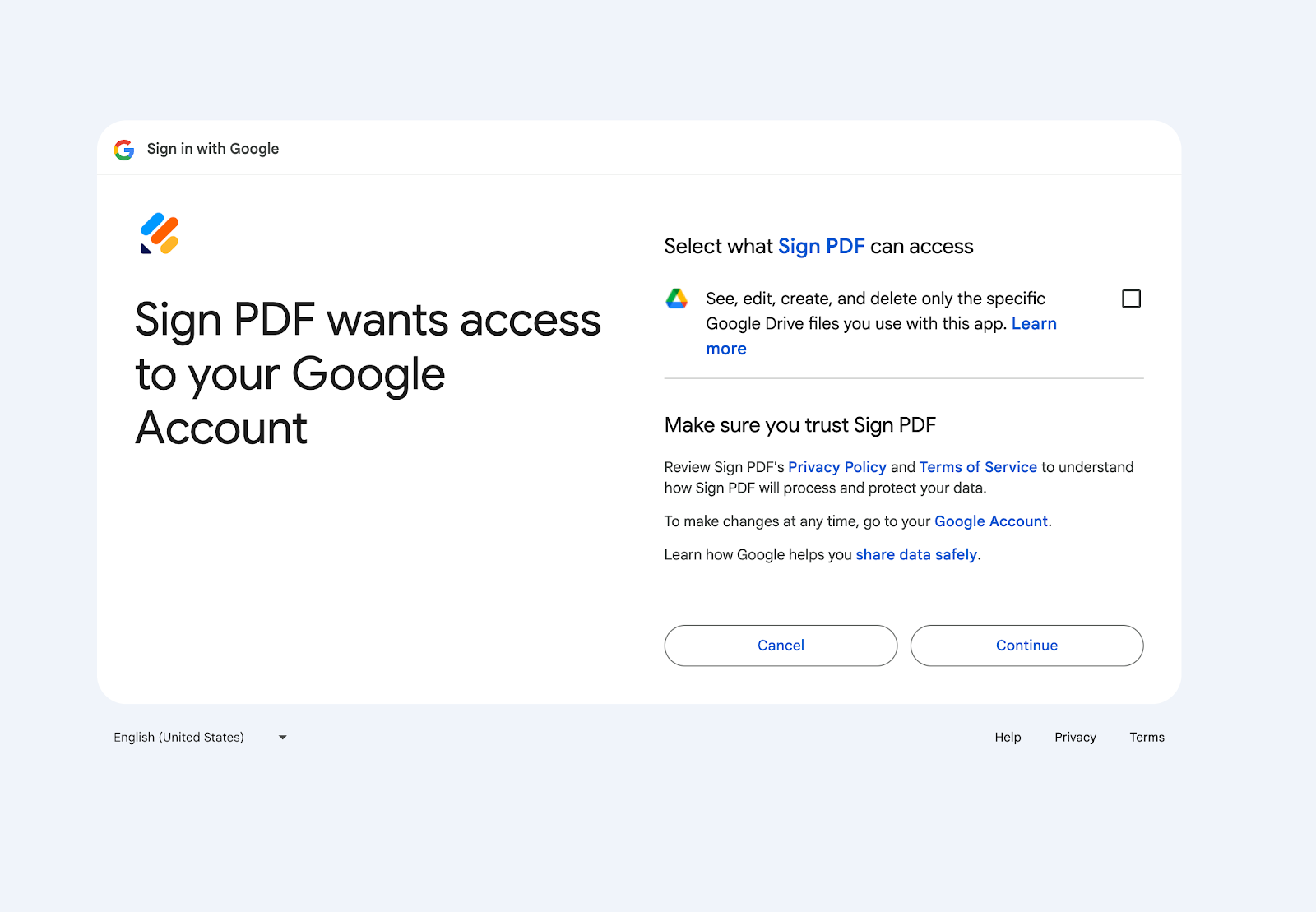 Google informing the user about permissions granted to Jotform for Sign PDF