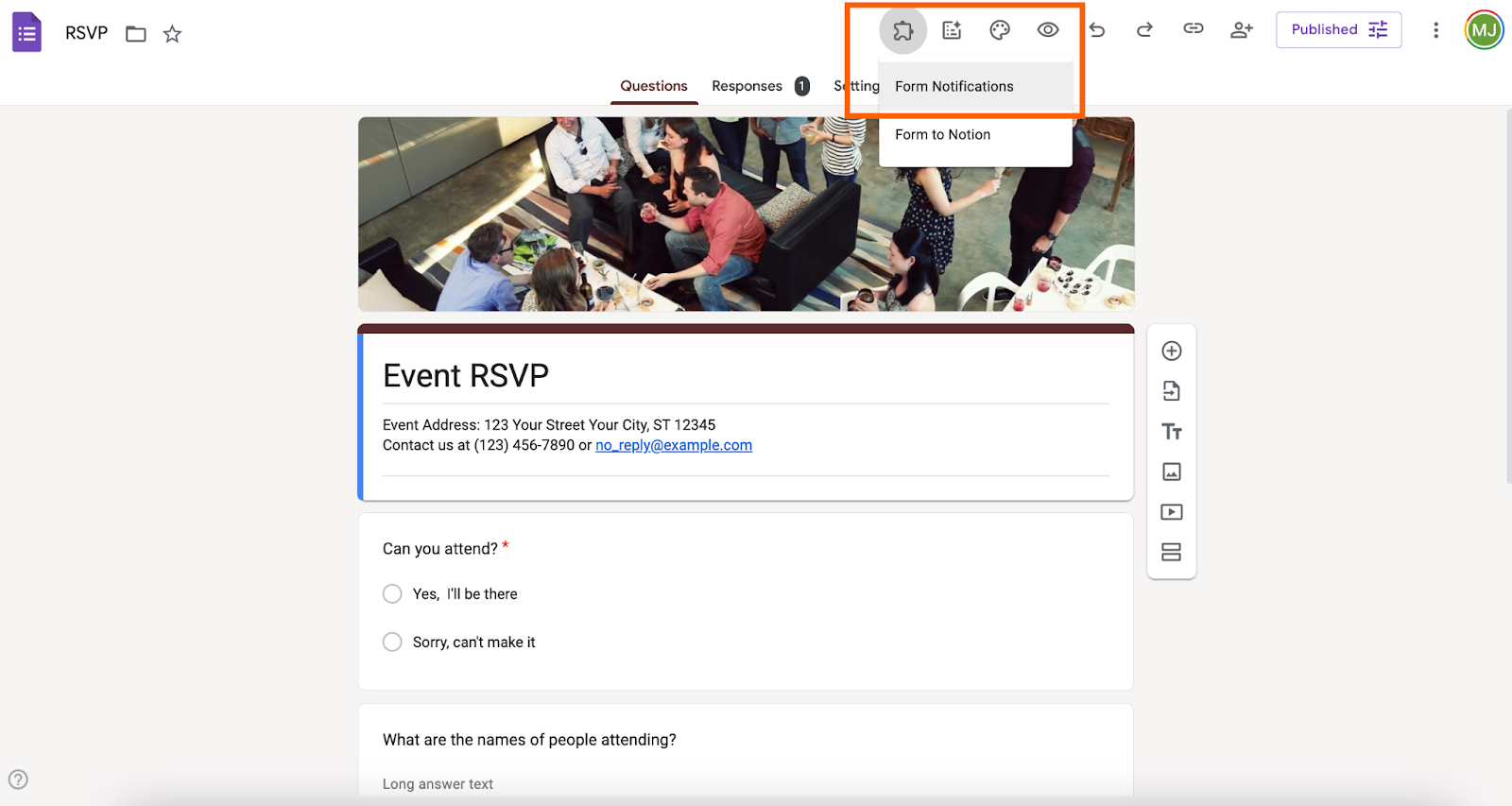 Google Forms interface showing the Form Notifications Add-On in the toolbar