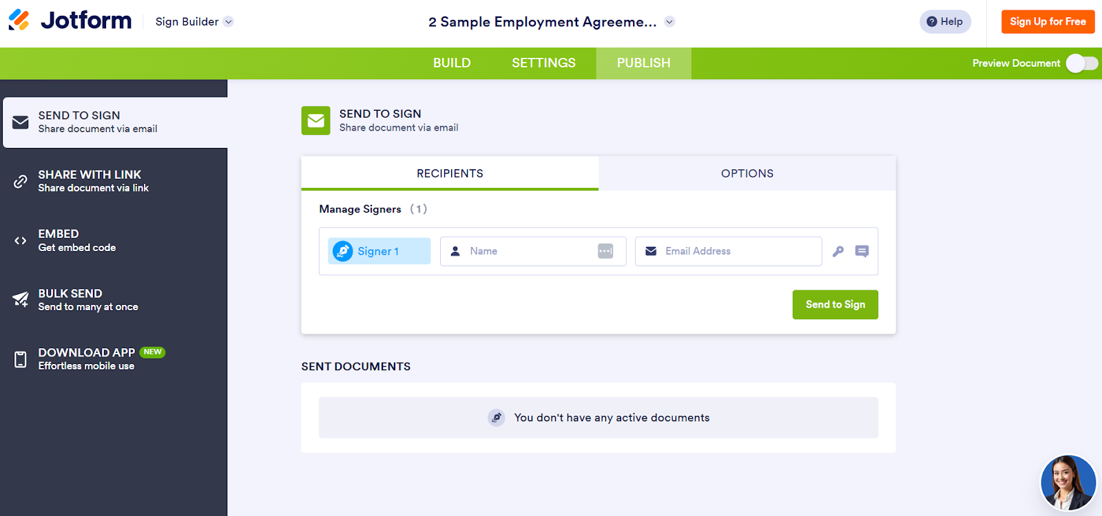Jotform Sign interface showing the publishing options