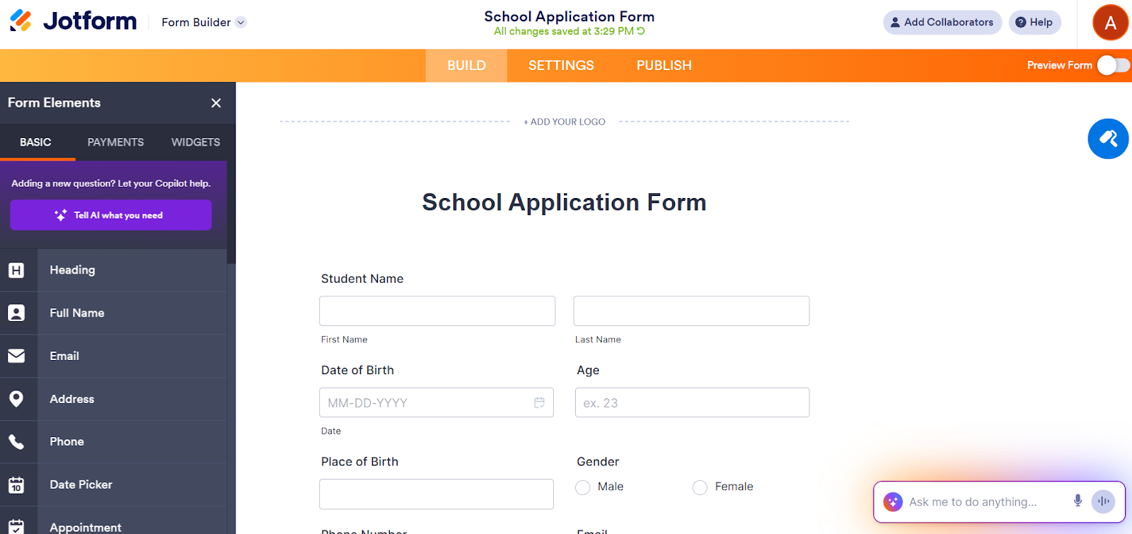Jotform Form Builder interface showing the Form Elements sidebar
