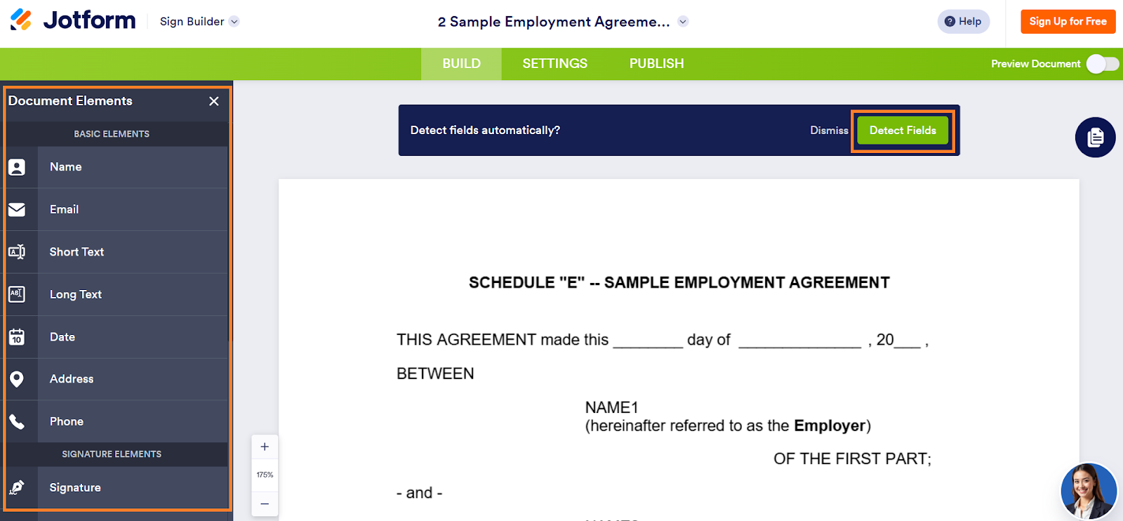 Jotform Sign interface with the Detect Fields button highlighted