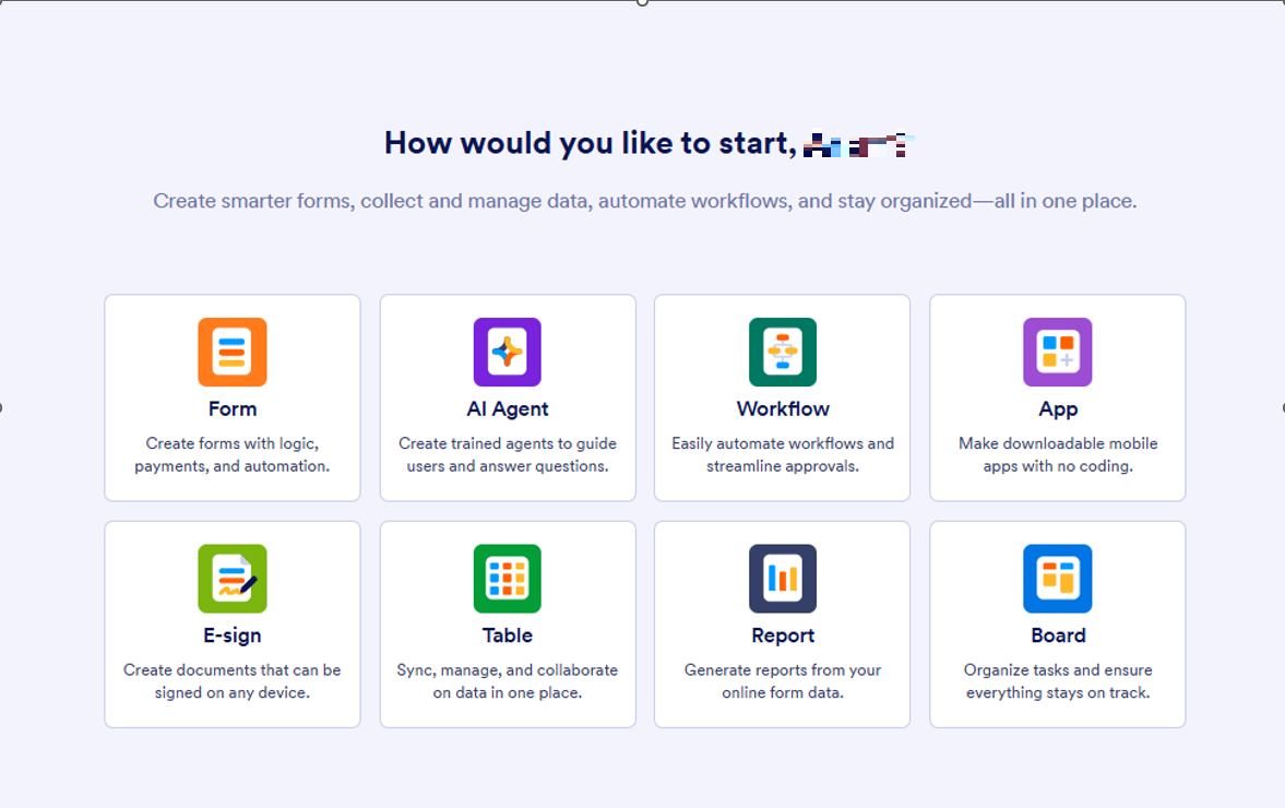 Jotform interface showing the get started options