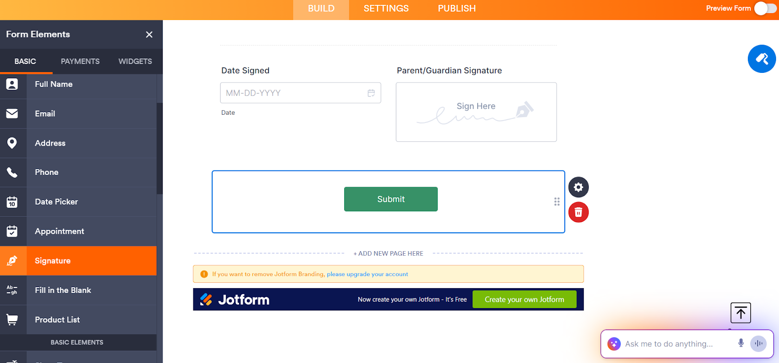 Jotform Form Builder interface showing a signature field added