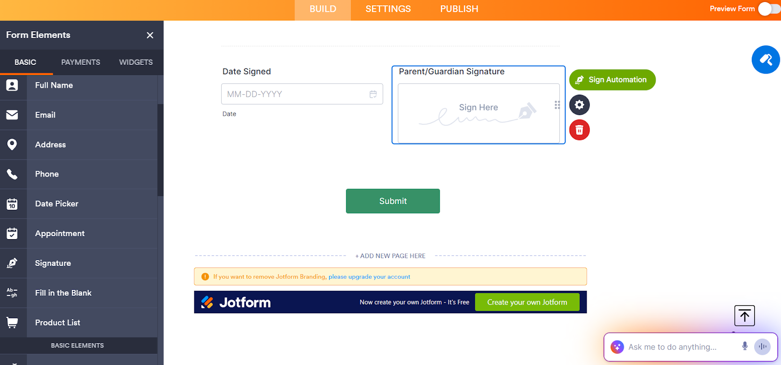 Jotform Form Builder interface showing the Sign Automation button