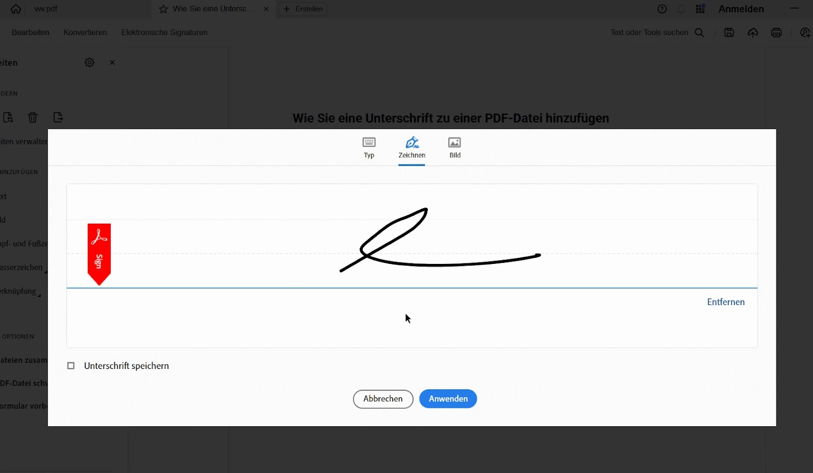 Screenshot eines digitalen Unterschriftenfensters: Der Tab „Zeichnen“ ist aktiv, und im großen Signaturfeld ist eine handgezeichnete Unterschrift sichtbar