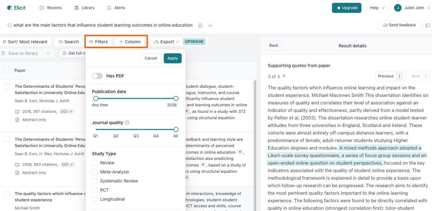 Dropdown menus and filtering controls in Elicit for refining literature search results