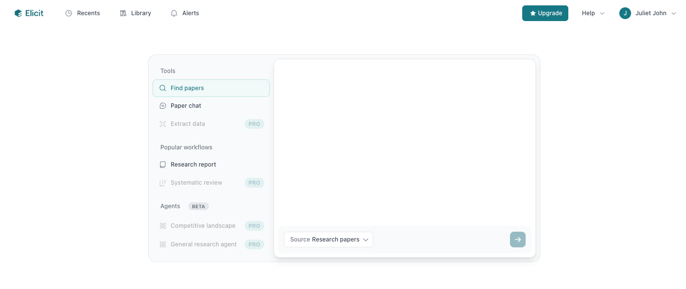 Interface of the Elicit research tool showing a search panel on the left and a central workspace for entering a research question