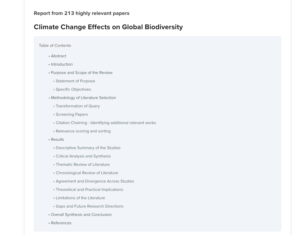Table of contents for a report titled "Climate Change Effects on Global Biodiversity," listing sections like Abstract, Introduction, and Results