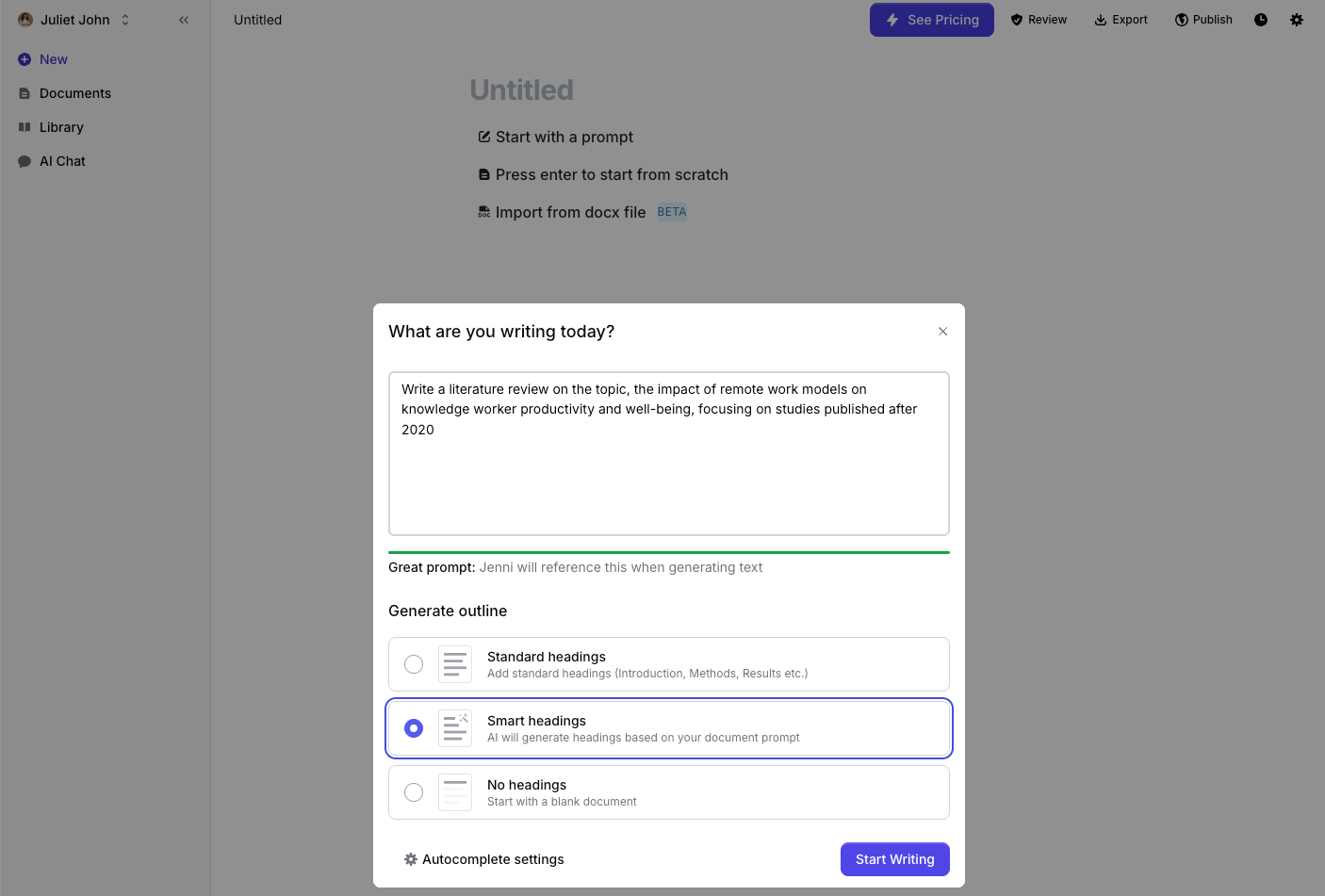 Jenni AI writing interface showing a document editor with an AI suggestion panel and a prompt asking how to continue the text