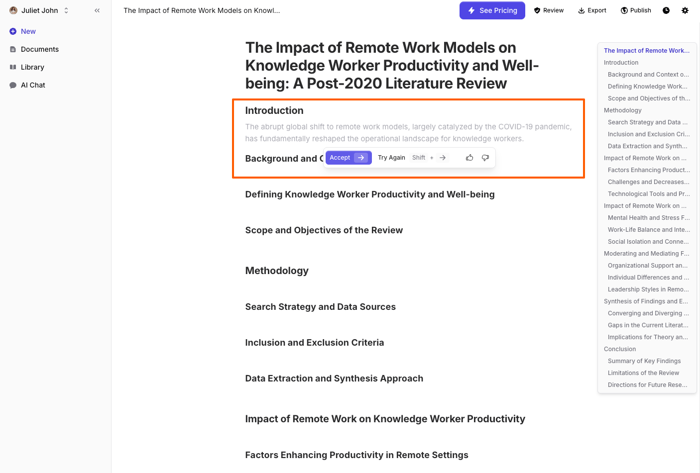 Research paper outline in Jenni AI with a highlighted paper title and citation details displayed in a sidebar