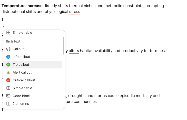 An interface with highlighted text showing formatting options
