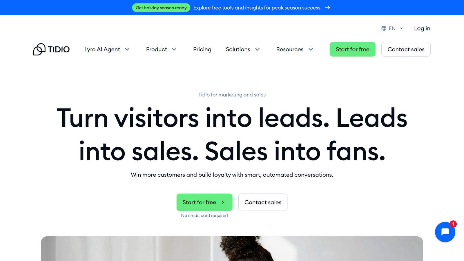 Screenshot of the Tidio sales and marketing product page