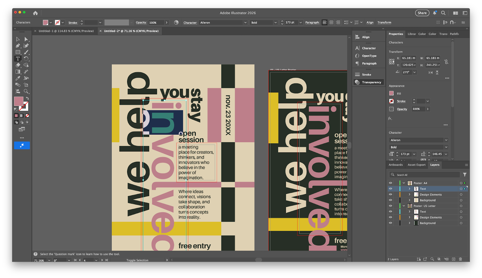 Adobe Illustrator workspace displaying a poster design with rulers, layers panel, and detailed toolbars for vector editing and layout control