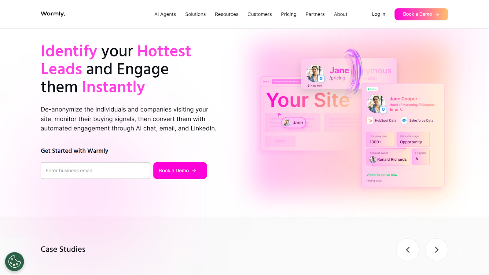 Screenshot of the Warmly homepage