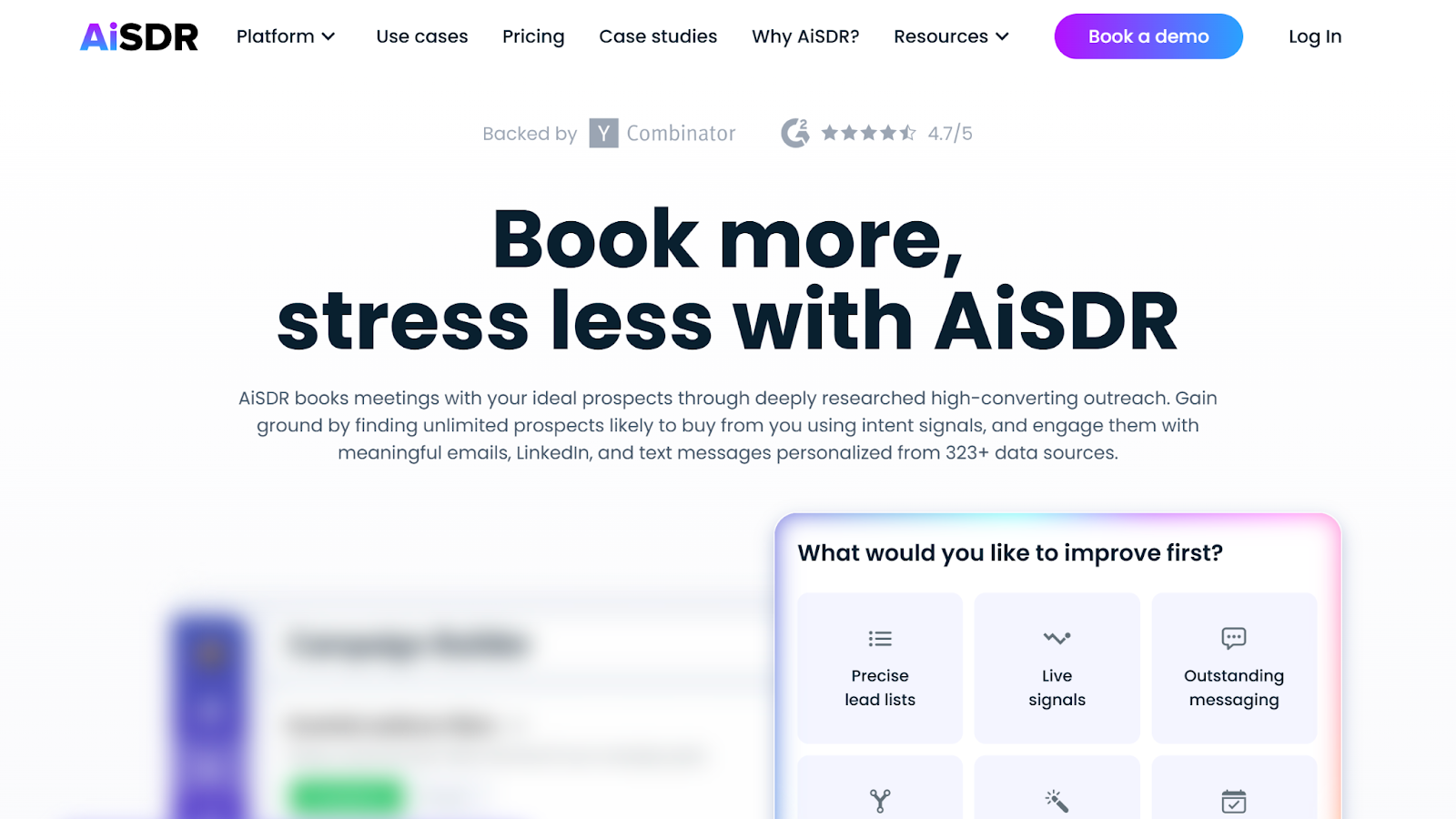 Screenshot of the AiSDR homepage